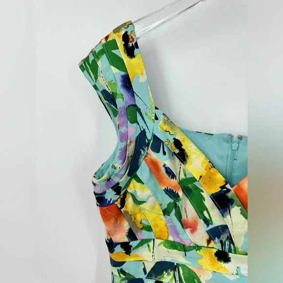 Adrianna Papell Colorful Floral Dress Womens 4 Sleeveless Teal Blue Yellow - Picture 3 of 8